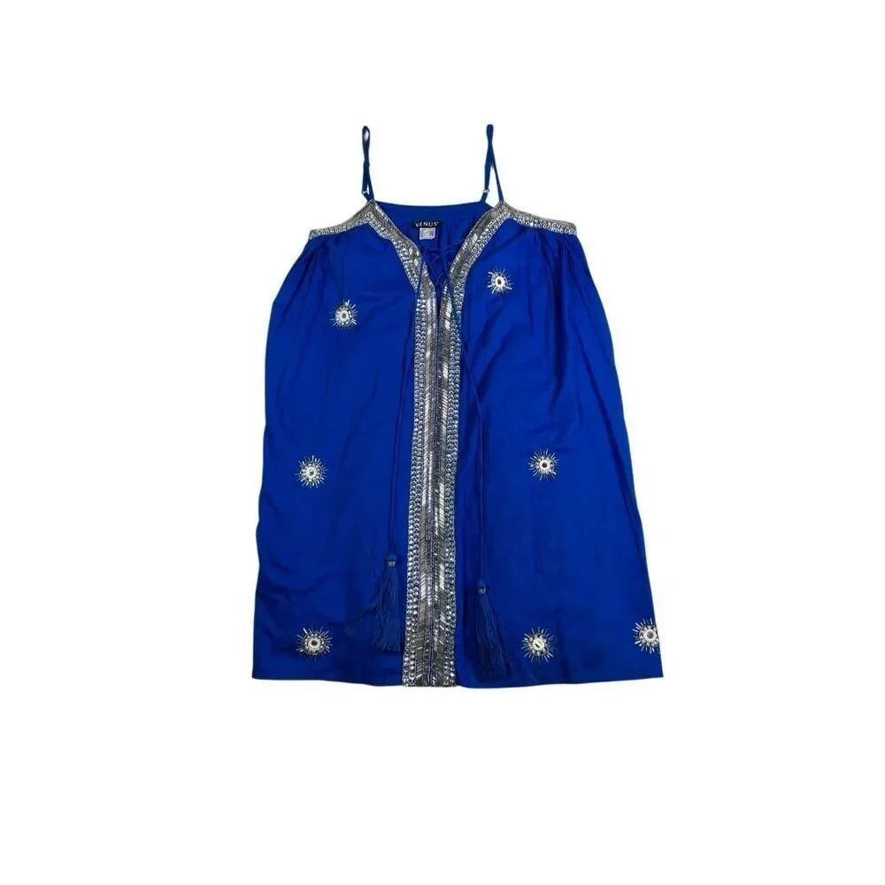 Venus Embellished Kaftan Dress Womens M Blue Silver Beaded Resort Coverup Beach